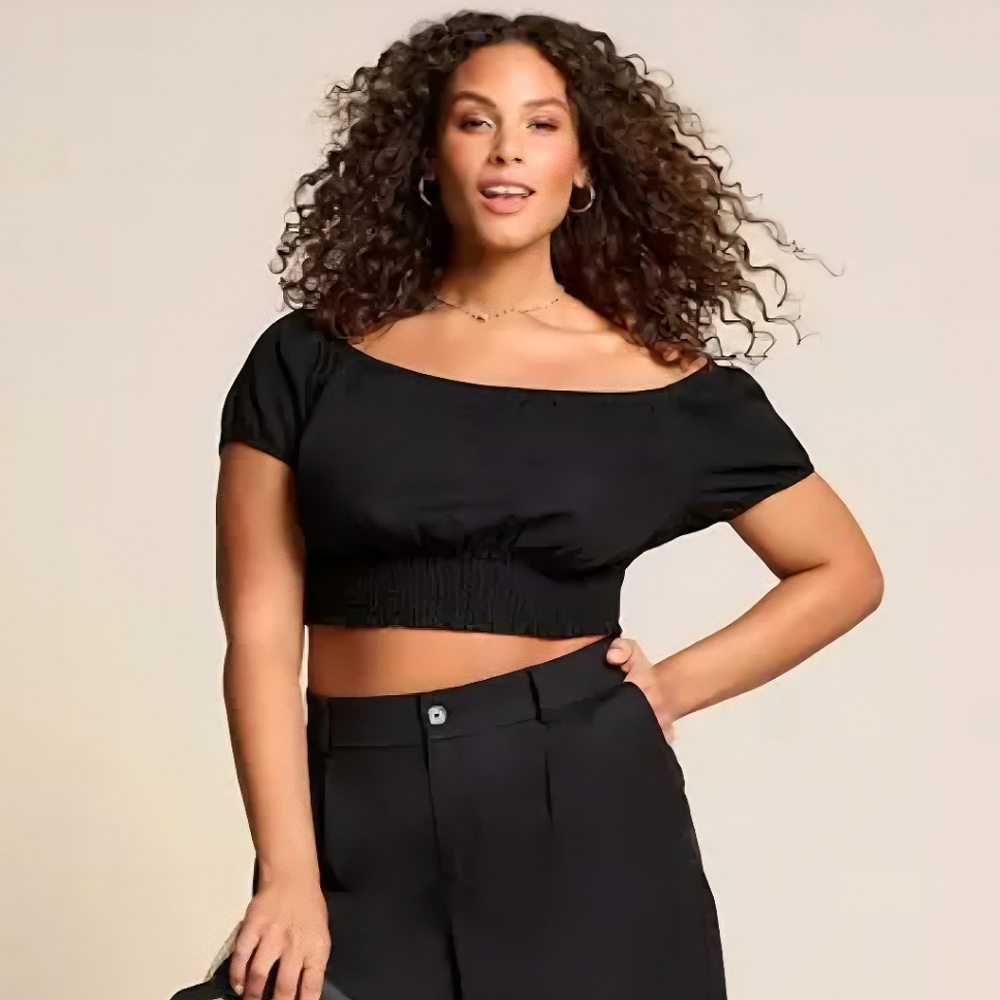 NWOT Torrid Black Linen Blend Smocked Waist Off-Shoulder Crop Top 🖤 sz 4